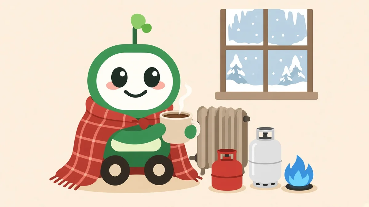Green robot wrapped in a plaid blanket holding hot cocoa beside a radiator, an oil tank, a propane cylinder and a gas flame, illustrating home heating costs in Rhode Island this winter