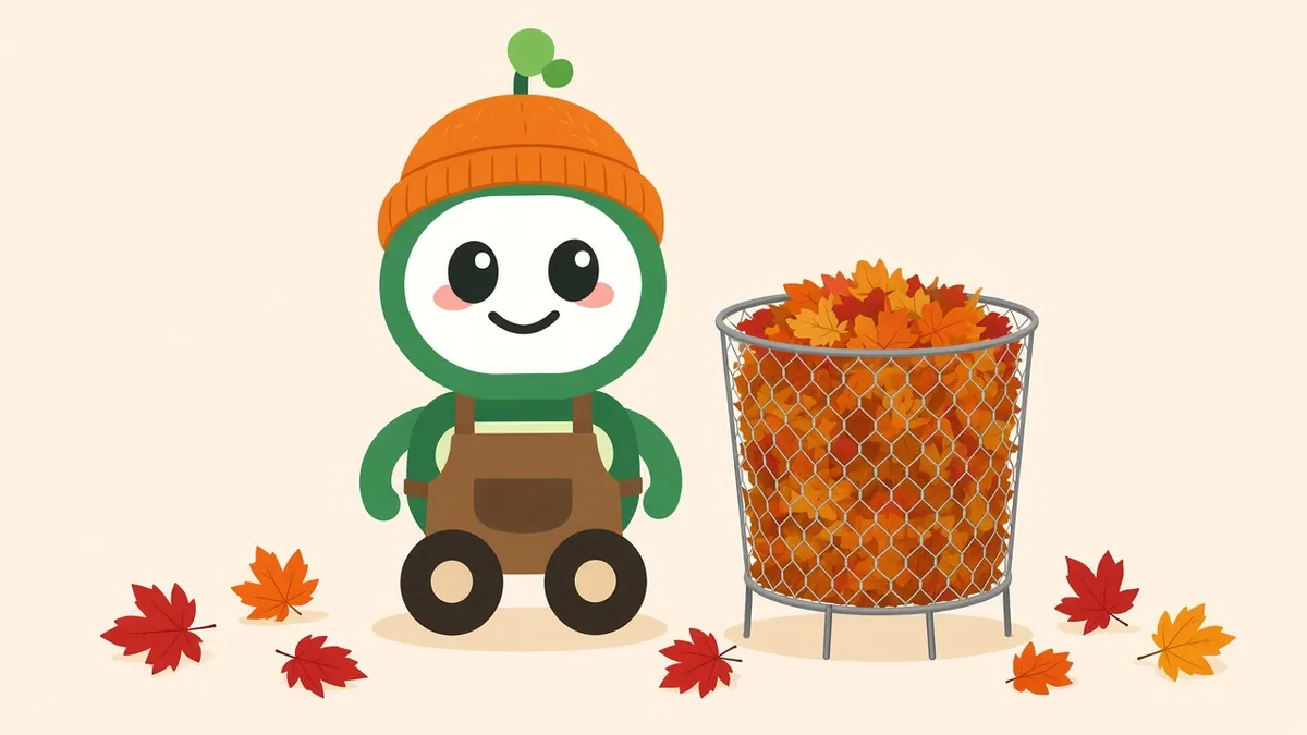 Green robot in an orange beanie standing next to a chicken-wire bin filled with autumn leaves, illustrating a homemade leaf compost bin
