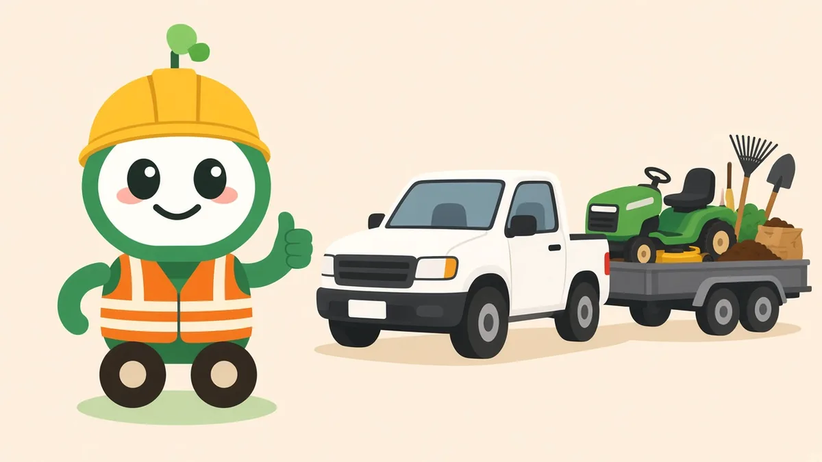 Green robot foreman in a hard hat and safety vest giving a thumbs up beside a pickup truck and landscape trailer with a ride-on mower, illustrating Rhode Island landscaping crews getting new customers