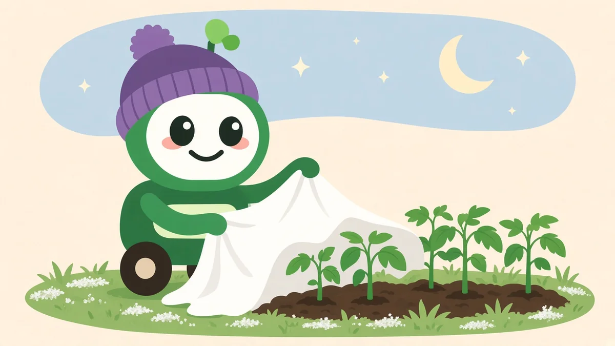 Green robot in a purple beanie covering tomato seedlings with a frost cloth on a cold spring night, illustrating the risk of planting too early in Rhode Island