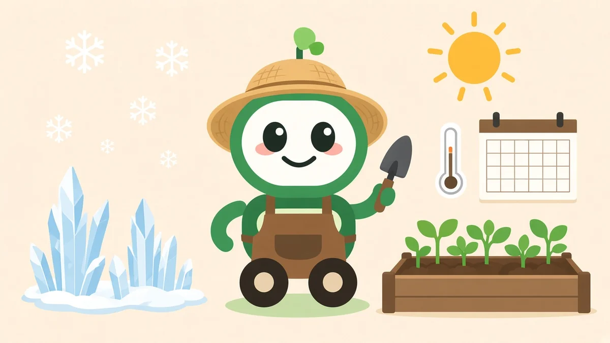 Green robot gardener in a straw hat and apron holding a trowel between frost crystals and spring seedlings, illustrating Rhode Island frost dates and the gardening calendar