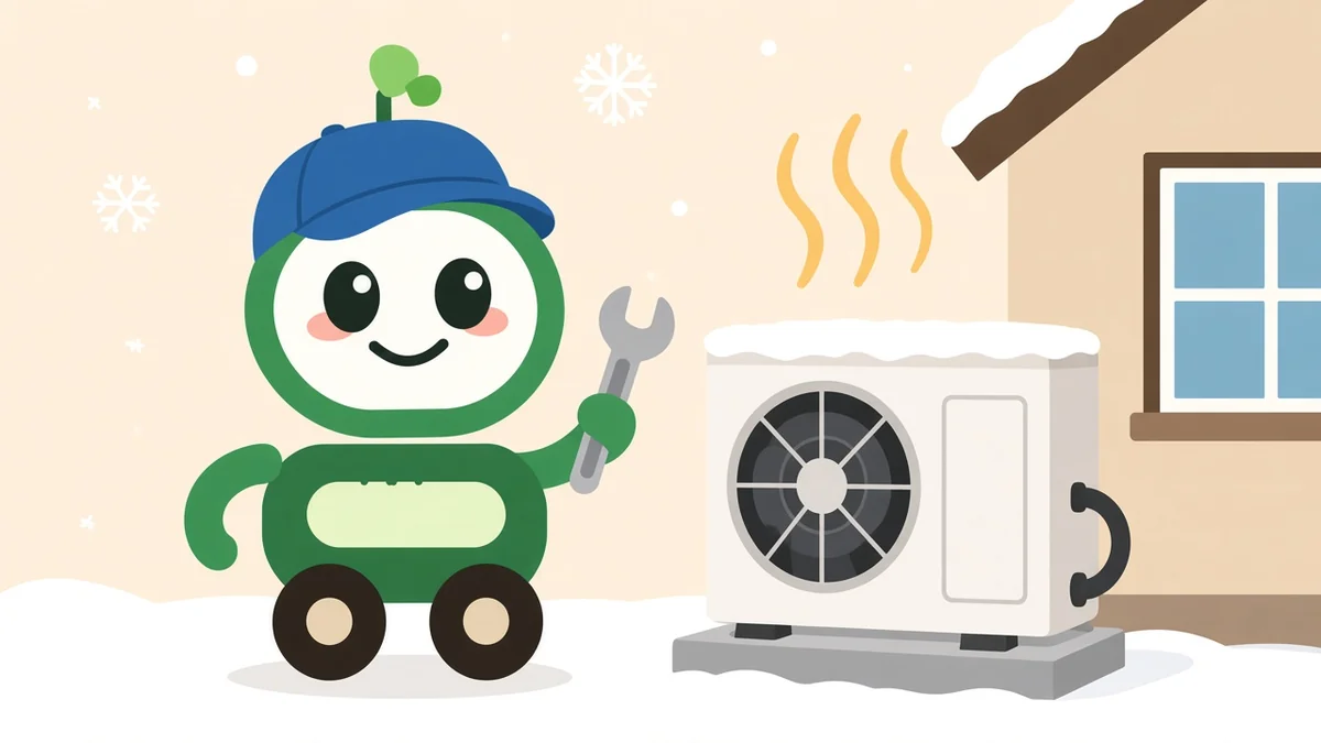 Green robot in a technician cap holding a wrench next to an outdoor heat pump in the snow, illustrating electric heat and heat pumps in Rhode Island homes