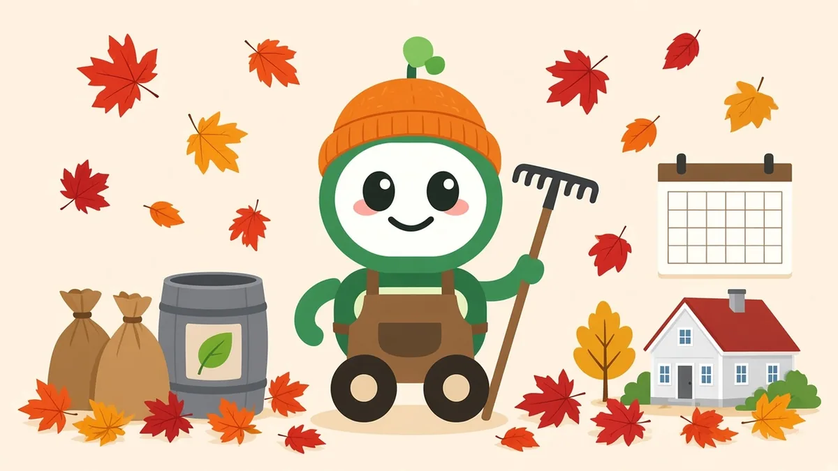 Green robot in an orange beanie and brown overalls holding a rake beside paper leaf bags, a barrel, fall leaves, a calendar, and a small house, illustrating Rhode Island leaf and yard waste pickup by town