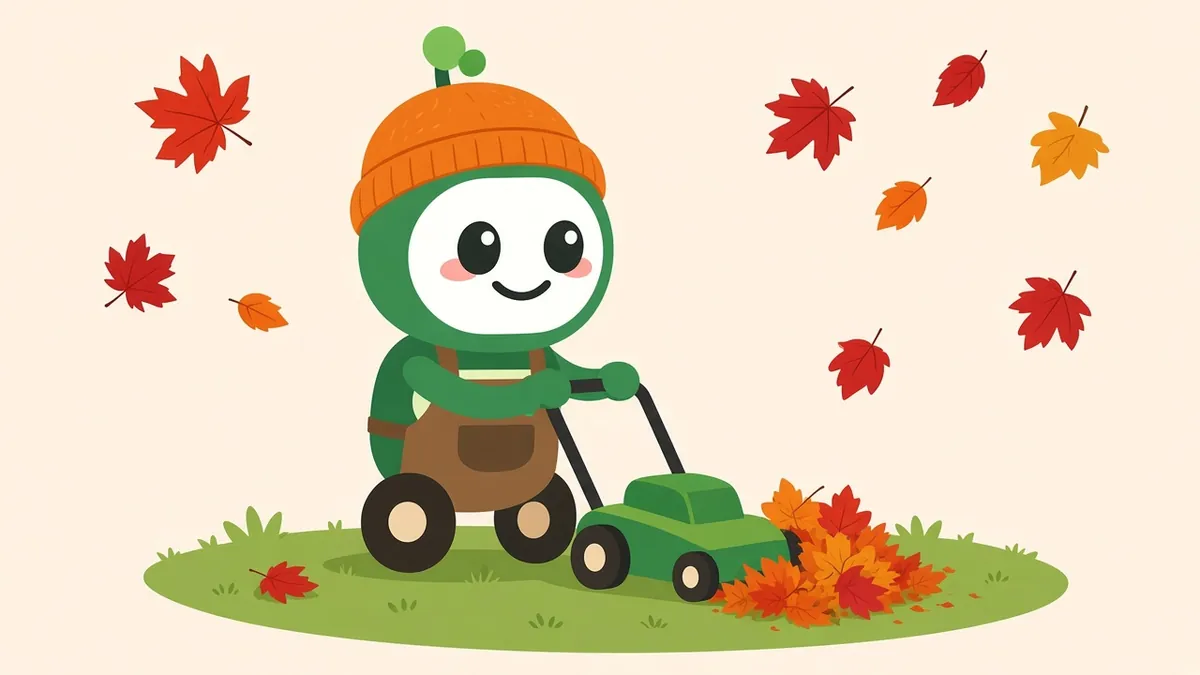 Green robot in an orange beanie mowing maple leaves into a lawn, illustrating mulch-mowing fallen leaves