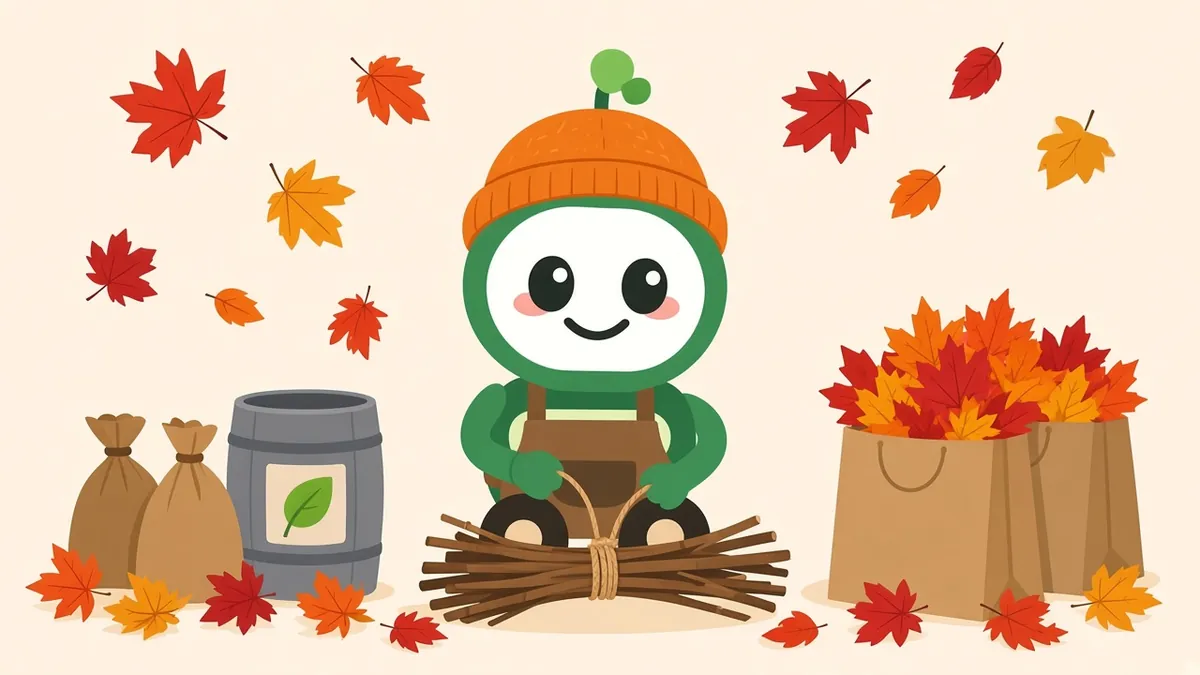 Green robot in an orange beanie tying a bundle of branches beside brown paper leaf bags and a barrel, illustrating how to set out yard waste