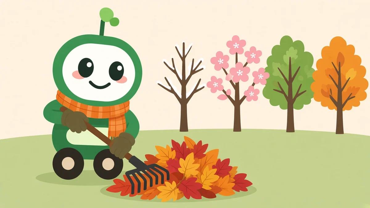 Green robot in a plaid scarf raking autumn leaves in front of four trees showing winter, spring, summer and fall, illustrating a month-by-month Rhode Island lawn and garden calendar