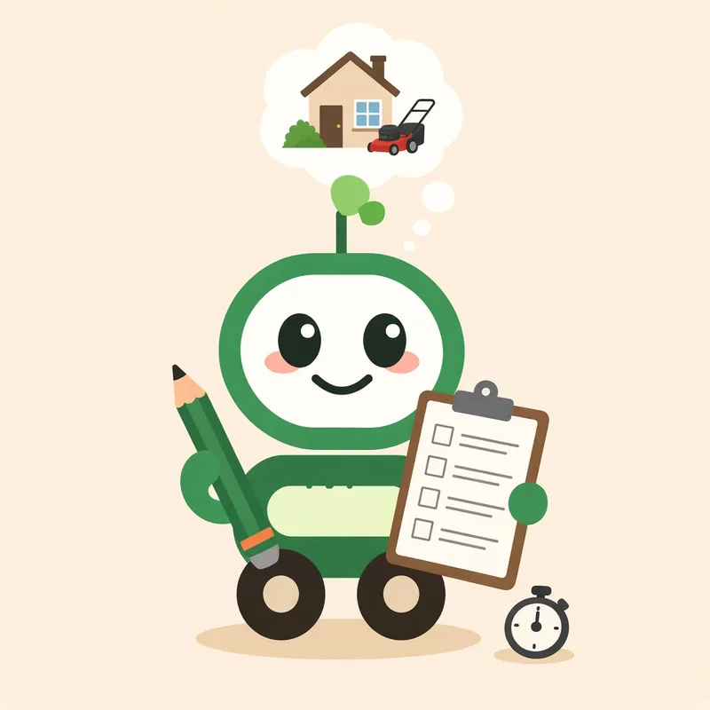 Green robot filling out a clipboard form with a pencil, thinking of a house and lawn mower, with a stopwatch beside it, illustrating telling us about your Rhode Island yard in 30 seconds