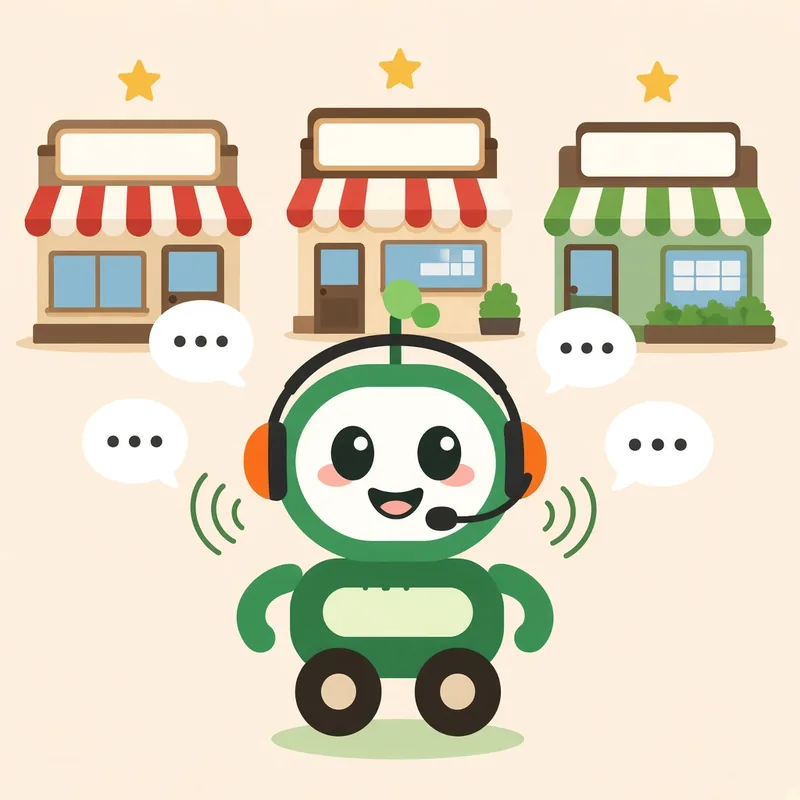 Green robot wearing a headset calling three top-rated local landscaping shops, illustrating the robot making the calls to Rhode Island lawn care crews for you