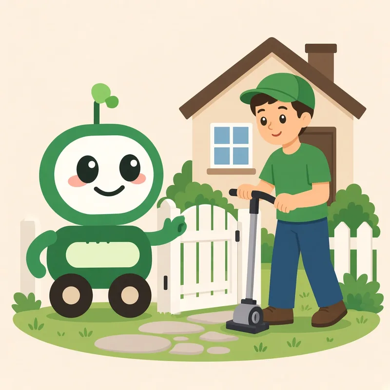Green robot opening a garden gate to welcome a landscaper to the yard of a small house, illustrating a free, no-pressure lawn care estimate visit in Rhode Island