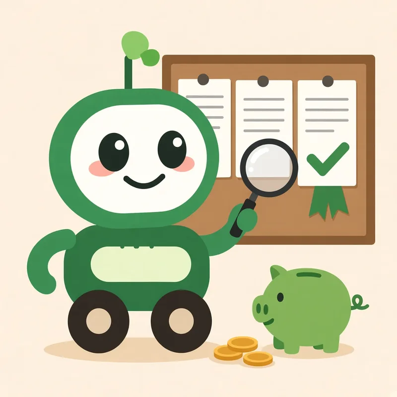 Green robot with a magnifying glass comparing three written quotes on a board, one marked with a green check, next to a piggy bank, illustrating comparing Rhode Island lawn care quotes to save money