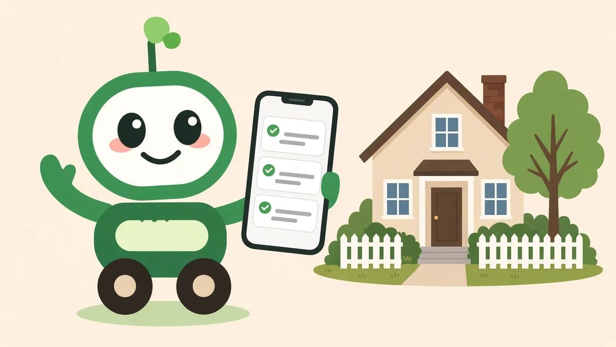 Friendly green robot waving and holding a phone showing three quotes in front of a house with a green lawn and picket fence, illustrating getting Rhode Island lawn care quotes