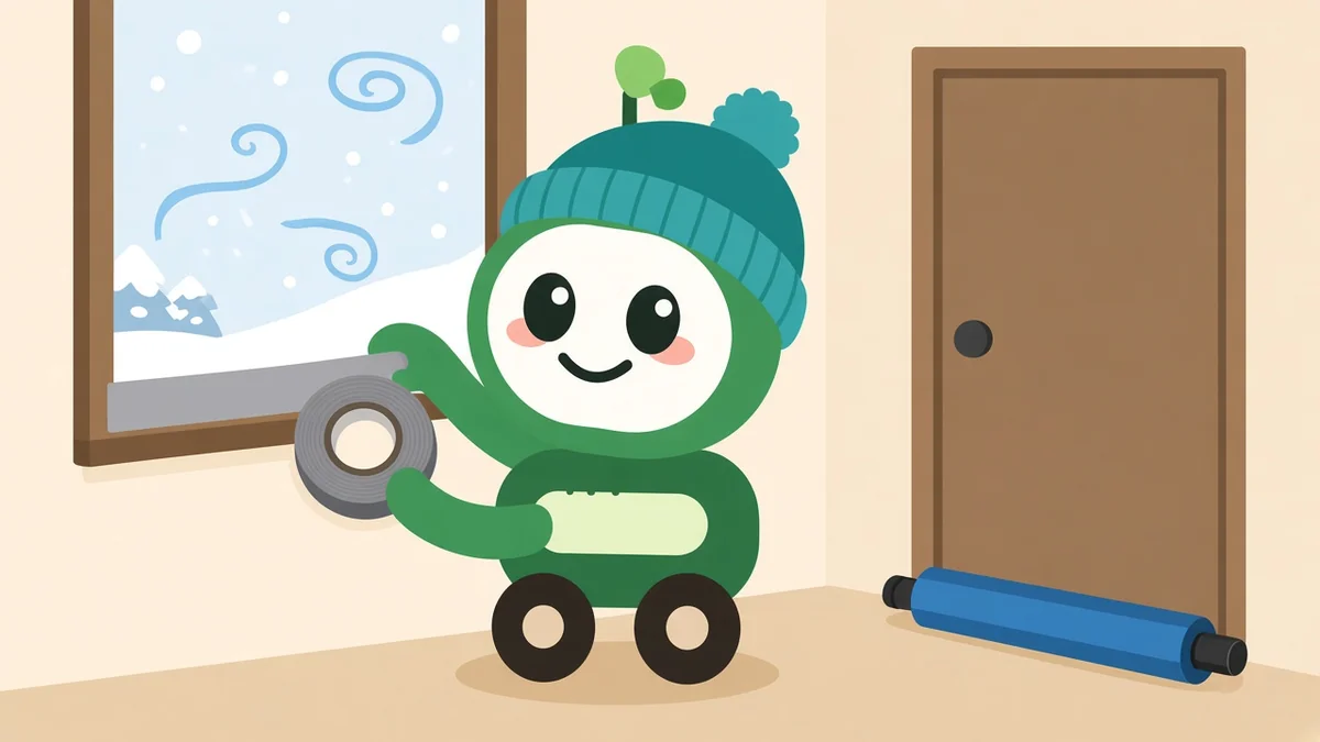 Green robot in a teal beanie sealing a drafty window with weatherstripping tape next to a door draft stopper, illustrating free ways to cut a Rhode Island heating bill